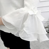 Patcute  Women Fashion Slim Knitting Off-shoulder Flare Chiffon Sleeve T shirts Tops Girl Knitted Patchwork Slash Neck Tees FL4730