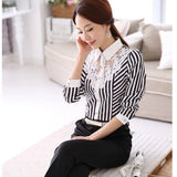 Patcute  Fashion Women Blouse Long Sleeve Lace Tops Striped Turn-Down Collar Blouses Official Female Formal Shirt Spring Autumn