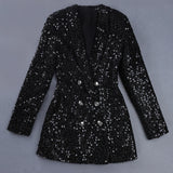 Patcute  High Quality Fashion Designer Blazer Women Double Lion Buttons Shawl Collar Glitter Sequined Long Runway Black Blazers