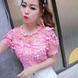 Patcute  New Summer Autumn Women Lace Blouse Sweet Floral Hollow Out Lace Shirt Female Backless Mesh Blouses Blusas Short Tops AB929