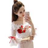 Patcute  Women Summer Blouse Sweet Bow Floral Embroidery Lace Shirt Lady Short Sleeve Slash Neck Mesh Blouses Blusas Short Tops A837