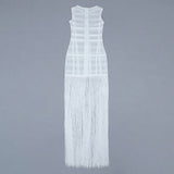 Patcute High Quality White Sleeveless Tassel Hollow Out Bodycon Rayon Bandage Dress Evening Party Sexy Dress