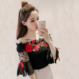 Patcute  Women Summer Blouse Sweet Bow Floral Embroidery Lace Shirt Lady Short Sleeve Slash Neck Mesh Blouses Blusas Short Tops A837