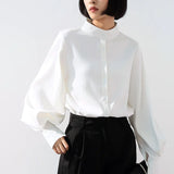 Patcute  Long Wide Lantern Sleeve Blouse Women Tops and Blouses Vintage Stand Collar Button Down Shirts Female 2019 Spring Fashion Tops