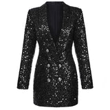 Patcute  High Quality Fashion Designer Blazer Women Double Lion Buttons Shawl Collar Glitter Sequined Long Runway Black Blazers