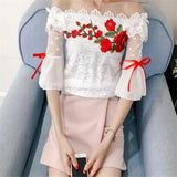 Patcute  Women Summer Blouse Sweet Bow Floral Embroidery Lace Shirt Lady Short Sleeve Slash Neck Mesh Blouses Blusas Short Tops A837