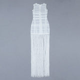 Patcute High Quality White Sleeveless Tassel Hollow Out Bodycon Rayon Bandage Dress Evening Party Sexy Dress