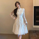 Patcute  Black Mesh Party Dress Women Floral Embroidery Lace Runway Dress Vintage High Waist Long Sleeve Knee-Length Elegant Office D233