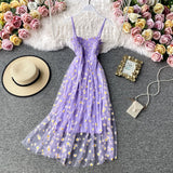 Patcute   Summer Beach Mesh Floral Dress Women Vintage Elegant Sexy Beach Sundress Woman Party Night Korean Kawaii Vestidos