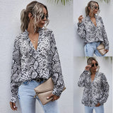 Patcute  Autumn And Winter Women's Shirt Snake Skin Print V-Neck Long Sleeve Fashion Versatile Shirt For Woman Blouses