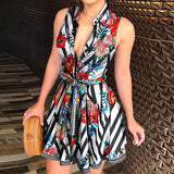 Patcute Sexy Women Deep V-neck Shirt Dress Summer Sleeveless Chain Print Mid-calf Dresses Laides Lace Up Party Dresses Clubwear