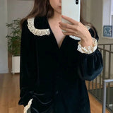 Patcute  Women Velvet Lace Blouse Shirts Retro Lace Lolita Tops Peter Pan Collar Sweet Chic Vintage Casual All-Match Stylish Blouses