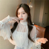 Patcute  Two Pieces Set Shirt +Tank Spring Women Lace Bottoming Blouse Beading Mesh Shirt Female Lantern Sleeve Blouses Short Tops AB2094