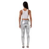 Patcute  Shascullfites Mid Waist Pu Leather Metallic Silver Scrunch Leather Leggings Push Up Butt Lift Sports Fitness Sexy Women Pants