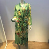 Patcute  green floral print satin kimono kaftan women bikini cover up vintage long sleeve autumn robe vestidos boho beach blouses