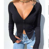 Patcute Women T-shirt Spring Autumn Clothes Ribbed Knitted Long Sleeve Crop Tops Zipper Design Tee Sexy Female Slim Black White Tops