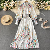 Runway Autumn Spring Vintage Long Sleeve Print Floral High Waist Boho A-Line Party Maxi Dress Elegant Luxury Dresses Women