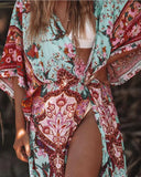 Patcute Long Boho Kaftan Cardigan Rayon Floral print Beach Bikini Cover Up  Kimono Robe Summer Loose Women Blouses