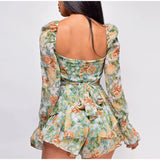 Patcute   Summer Women Jumpsuits Long Sleeve Lace Up Ruffles Floral Print Rompers Female Playsuits  Square Collar Outfits