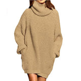 Patcute oversized long sleeve turtleneck knitted sweater for women Solid white pullover Fashion double pocket sweater dress