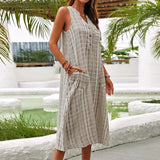 Patcute Summer Dress Women V Neck Sleeveless Pocket Button Loose Maxi Dresses Vintage Print Party Dress 2024 A-Line Beach Dress