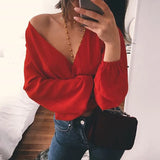 Patcute  Backless V Neck White Sexy Blouse Women Summer Wrap Shirt Long Sleeve Chiffon Womens Tops And Blouses