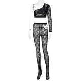 Patcute  Long Sleeve One -Shoulder Patchwork Lace women's top trouser suit 2 Pieces Set Autumn Winter Women Sexy Party Tracksuit