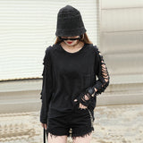 Patcute  street punk Fashion  women's  hole personality tassel pocket  loose t-shirt female Washing Cotton Women's Clothing Clothes