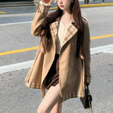 2024 fall fashion trends Maple Candy Girl Khaki Trench Coat Female 2024 Autumn Plaid Stitching Coat Small Versatile Mid-Length Trench Coat