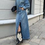 2024 fall fashion trends Commuter High Waist Slimming Split Blue Denim Skirt Long Skirt Retro Distressed Sheath Skirt