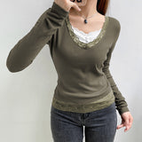 grunge outfits Women's Spring New Gray Green V-neck Tight Waist Lace Knitted Top EBay