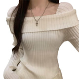 2000s fashion 2024 Spring Long-Sleeved off-Shoulder Sweater Top Women's Irregular Slim-Fit Short Split Bottoming Sweater