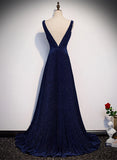 Patcute 2024 A-line Navy Blue V-neckline Long Party Dress, Navy Blue Long Prom Dress