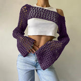 2000s fashion Sexy Hollow Sweater Solid Color round Neck Long Sleeve Knitted Blouse New