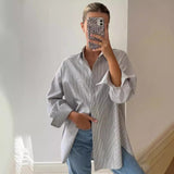 Autumn New Blue Striped Shirt Top Simple Advanced Sense Street Long Sleeve Cardigan