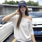 outfit ideas for school Pure Sexy off-Shoulder Loose plus Size Short-Sleeved T-shirt Women's Summer Korean Style New Casual Simple Bottoming Top Women's T-shirt Fashion