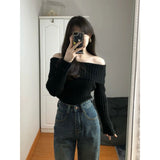 2000s fashion Autumn and Winter off-Shoulder Collar Black Sweater Lazy 2024 New Design off-Shoulder Long Sleeve High-End Slim Sweater Top