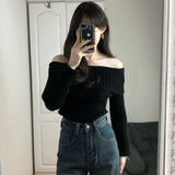 2000s fashion Autumn and Winter off-Shoulder Collar Black Sweater Lazy 2024 New Design off-Shoulder Long Sleeve High-End Slim Sweater Top