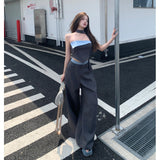 crop top Hot Girl Royal Sister Suit Women's Contrast Color Flanging Tube Top Wide Leg Suit Pants Two-Piece Set