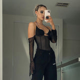 Patcute frat outfits Hot Sexy Halter Lace-up Backless Mesh Stitching Vest Spring Solid Color Top