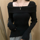 2000s fashion 2024 Spring Long-Sleeved off-Shoulder Sweater Top Women's Irregular Slim-Fit Short Split Bottoming Sweater