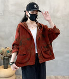 style mistakes Hooded Cotton and Linen Coat for Women 2024 Autumn Artistic Retro Loose Slimming Printed Pocket Casual Top