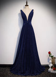 Patcute 2024 A-line Navy Blue V-neckline Long Party Dress, Navy Blue Long Prom Dress