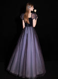 Patcute 2024 A-line Purple Short Sleeves Tulle and Velvet Long Prom Dress, Long Party Dress