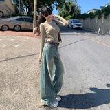 90s streetwear Jinyin American Retro High Waist Distressed Loose Wide Leg Pants Early Autumn New Straight Jeans Trousers Lengthened