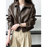 Patcute barn jacket outfits Luxi Cool Handsome High Sense ~ Lapel Leather Coat Women's Spring and Autumn Hong Kong Style PU Leather Jacket Motorcycle Top Trendy 9595