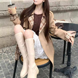 2024 fall fashion trends Maple Candy Girl Khaki Trench Coat Female 2024 Autumn Plaid Stitching Coat Small Versatile Mid-Length Trench Coat