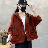 style mistakes Hooded Cotton and Linen Coat for Women 2024 Autumn Artistic Retro Loose Slimming Printed Pocket Casual Top