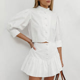 fall 2024 fashion trends 2024 Summer White Lantern Sleeve Shirt Short Skirt Two-Piece Set Women's Design Sense Professional Suit Women's Clothing