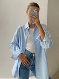 Autumn New Blue Striped Shirt Top Simple Advanced Sense Street Long Sleeve Cardigan